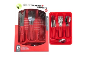 HM508 CONJ TALHERES 16 PCS CABO PLAST VERMELHO + 1 SUPORTE
