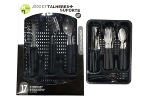 HM509 CONJ TALHERES 16 PCS CABO PLAST PRETO  + 1 SUPORTE
